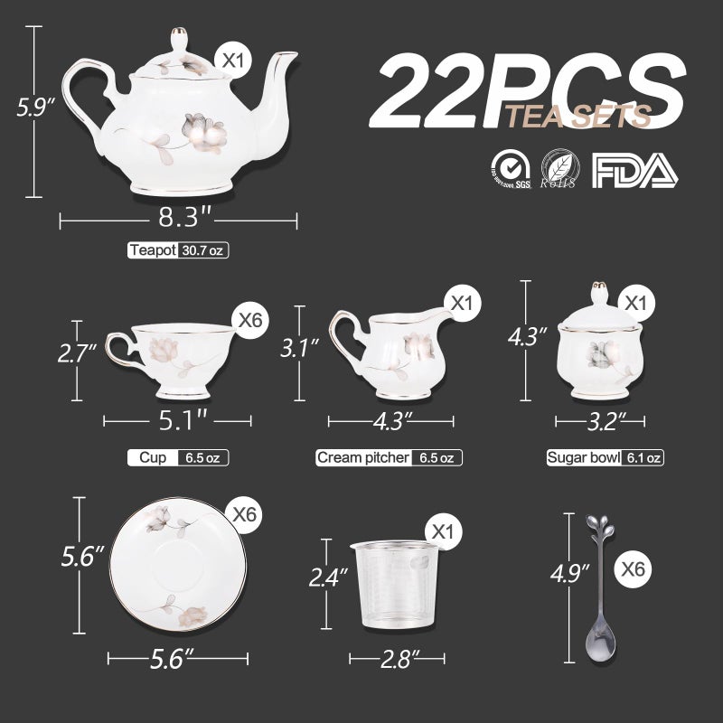 CHENP.HMC Porcelain Ceramic 22-Piece Tea Set, Teapot and Cup Set, 30.7 Ounces, for 6, Gift Sets, Tea or Coffee Lovers, Wedding, Birthday - Image 3